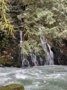 A waterfall streams down a cliff face into a roiling Lewis River.